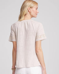 Chico's | Linen Lace-Cutwork Sleeve Henley Tee/ River Rock