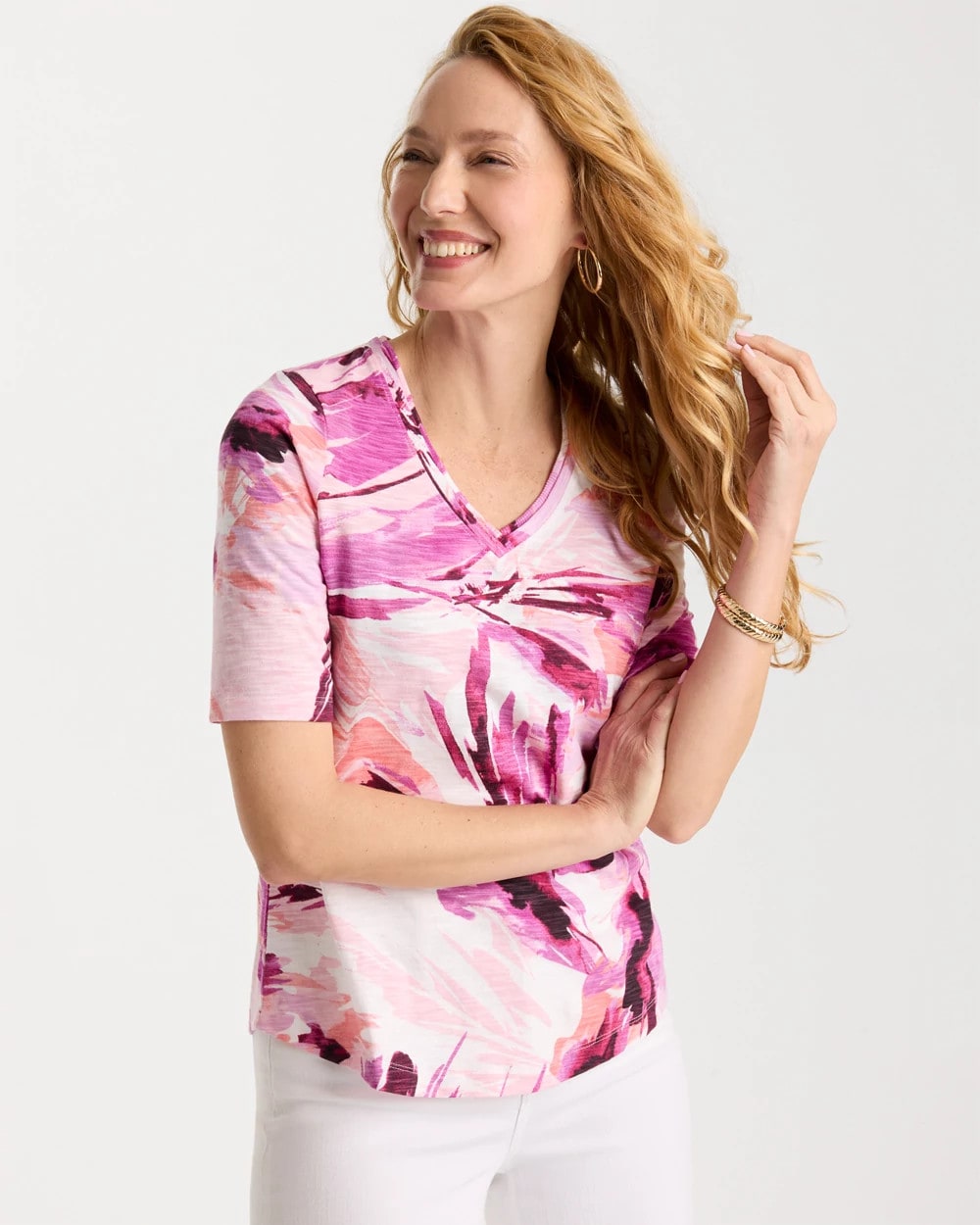 Chico's | Printed Double V-Neck Slub Rib Tee/ Ecru