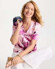 Chico's | Printed Double V-Neck Slub Rib Tee/ Ecru