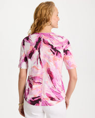 Chico's | Printed Double V-Neck Slub Rib Tee/ Ecru