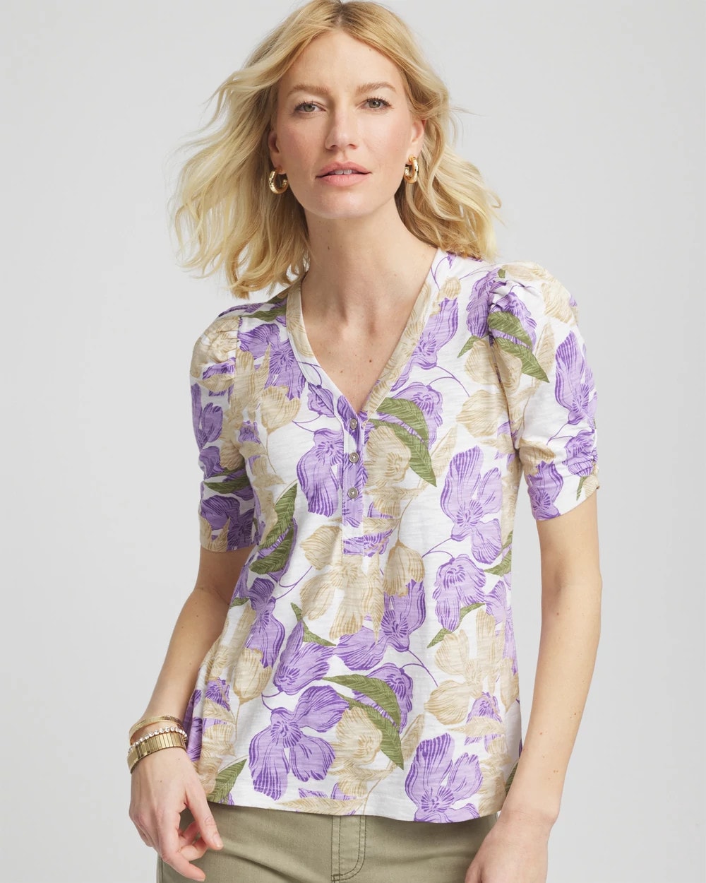 Chico's | Floral Slub Henley Tee/ Alabaster