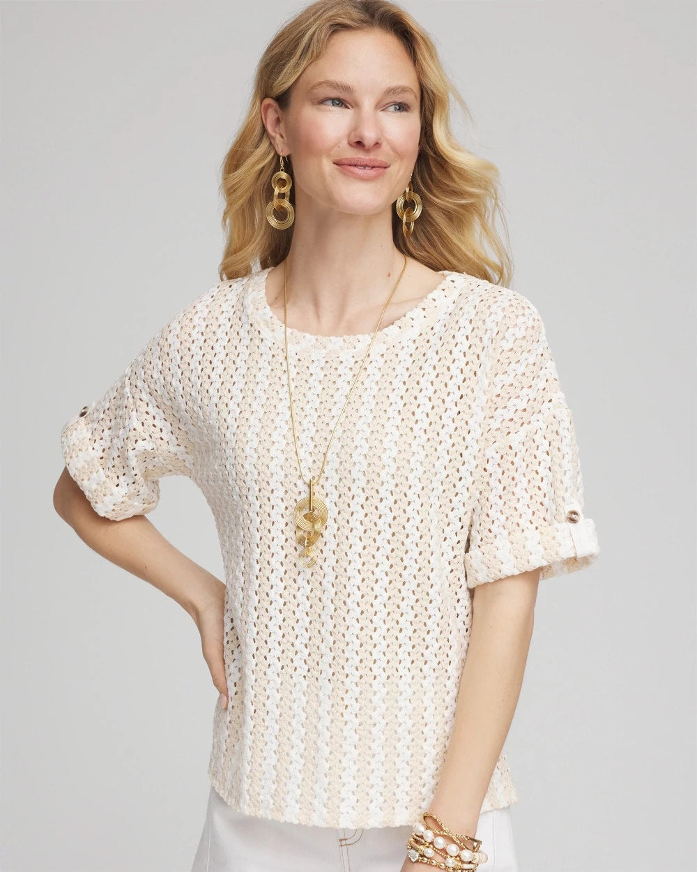 Chico's | Textured Roll Cuff Tee/ Glistening Sand