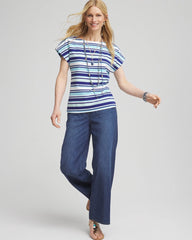 Chico's | Stripe Modern Cap Sleeve Tee/ Paradiso Blue