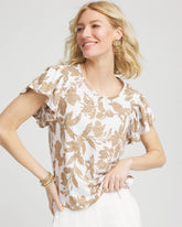 Chico's | Linen Leaf Print Flutter Sleeve Tee/ Cafe Aroma