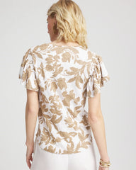 Chico's | Linen Leaf Print Flutter Sleeve Tee/ Cafe Aroma