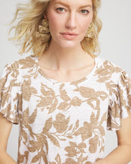 Chico's | Linen Leaf Print Flutter Sleeve Tee/ Cafe Aroma