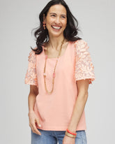 Chico's | Floral Sleeved Square-Neck Tee/ Coral Blossom