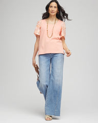 Chico's | Floral Sleeved Square-Neck Tee/ Coral Blossom