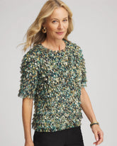 Chico's | Foiled Mesh Ruffle Crop Tee/ Darkest Spruce