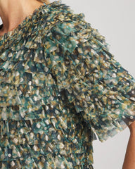 Chico's | Foiled Mesh Ruffle Crop Tee/ Darkest Spruce