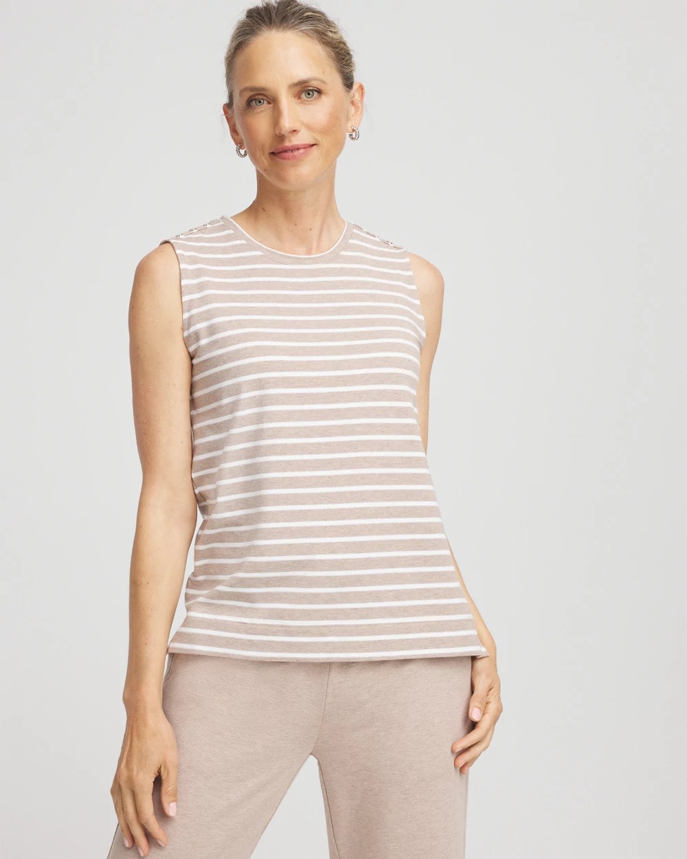 Chico's | Zenergy® UPF Sleeveless Metallic-Striped Tank/ Light Taupe Heather