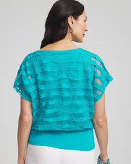 Chico's | Embroidered Striped Banded Bottom Top/ Seaspray