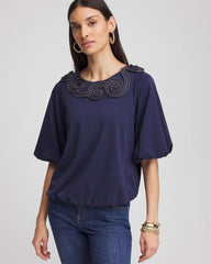 Chico's | Bubble Hem Pleated Cotton Top/ Passport Blue