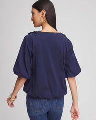 Chico's | Bubble Hem Pleated Cotton Top/ Passport Blue