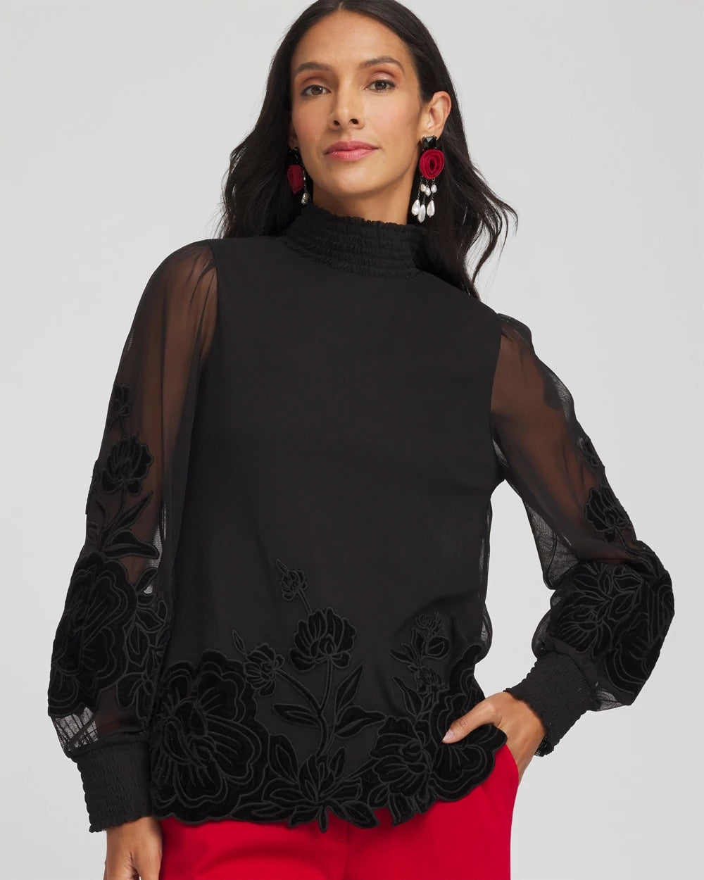 Chico's | Sheer Mesh Velvet Appliqué Top/ Black
