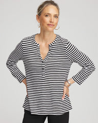 Chico's | Striped Slub Splitneck Henley Tee/ Black
