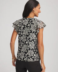 Chico's | Lace Floral-Burnout Henley Tee/ Black