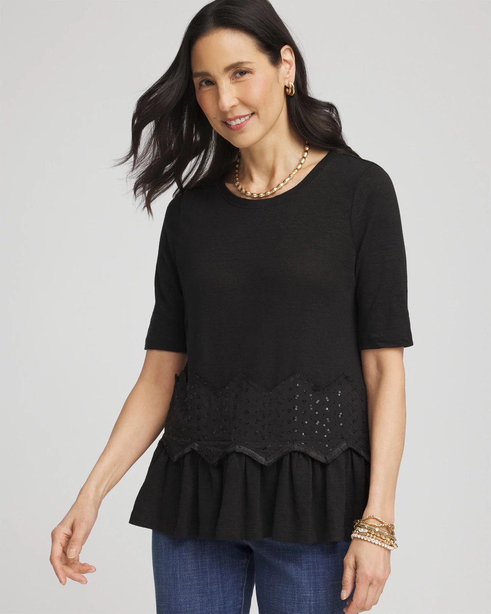 Chico's | Chevron Sequin Peplum Linen Tee/ Black