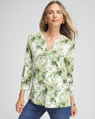 Chico's | Printed Slub Splitneck Henley Tee/ Sage Meadow