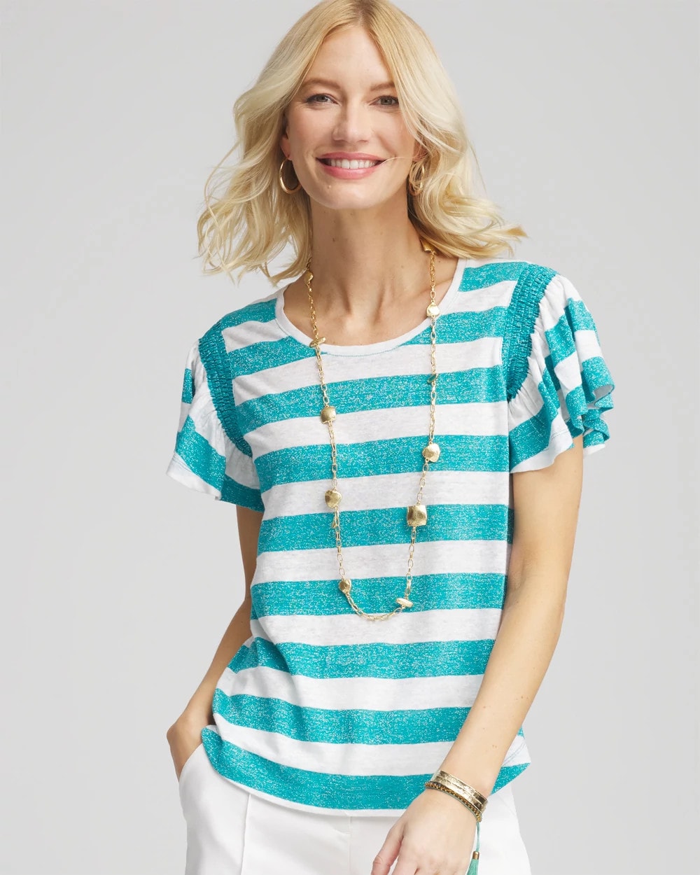Chico's | Linen Metallic Striped Flutter-Sleeve Tee/ Seaspray