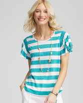 Chico's | Linen Metallic Striped Flutter-Sleeve Tee/ Seaspray
