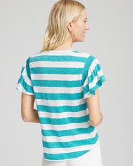 Chico's | Linen Metallic Striped Flutter-Sleeve Tee/ Seaspray