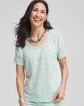 Chico's | Striped Sweater-Trim Linen Tee/ Teal Waters