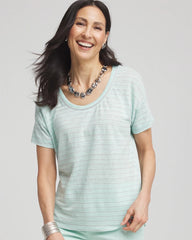 Chico's | Striped Sweater-Trim Linen Tee/ Teal Waters