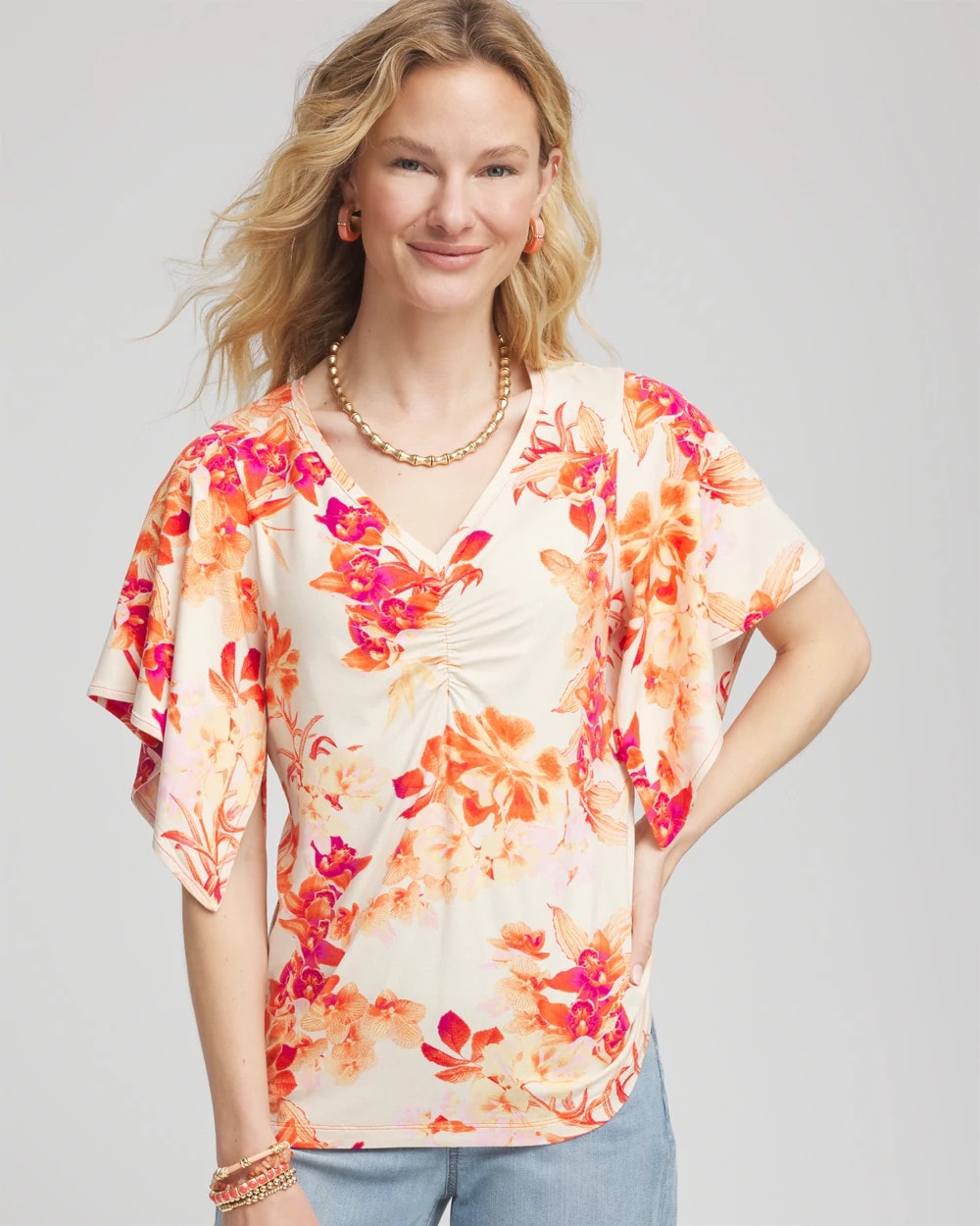 Chico's | Touch of Cool™ Handkerchief-Sleeve V-Neck Tee/ Sunset Peach