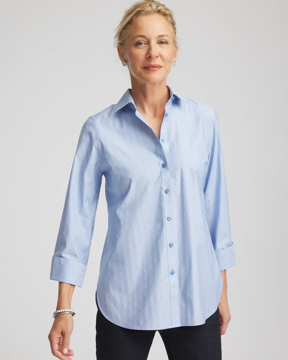 Chico's | No Iron™ Striped Jacquard Sateen Shirt/ Tidal Blue