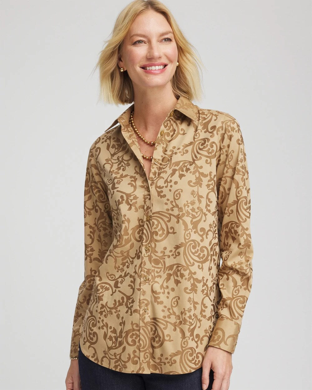 Chico's | No Iron™ Jacquard Scrolls Shirt/ Gold