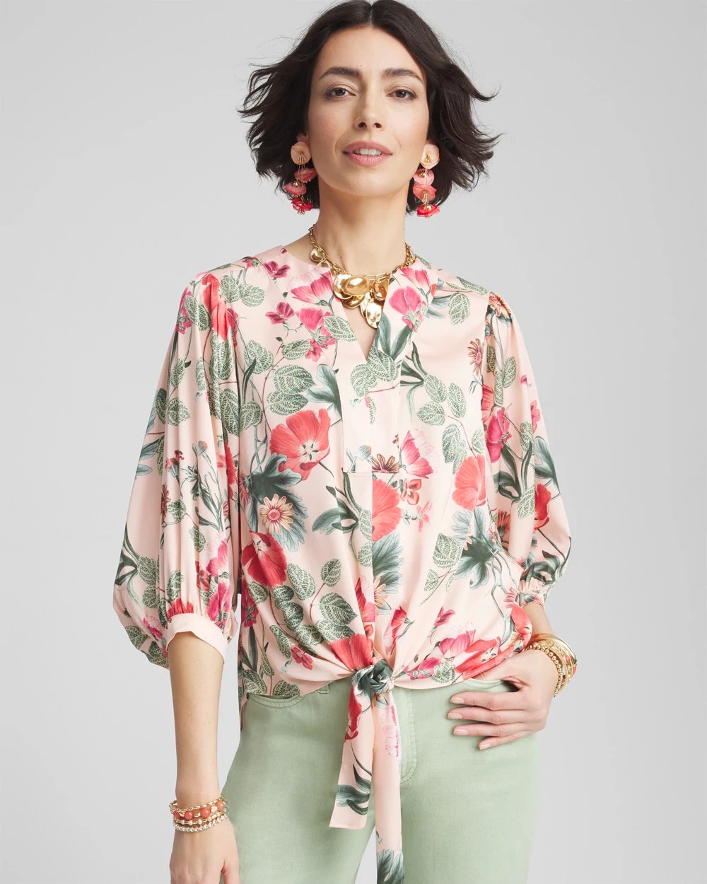 Chico's | Floral Satin Tie-Front Pullover Top/ Coral Blossom