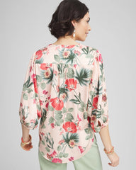 Chico's | Floral Satin Tie-Front Pullover Top/ Coral Blossom