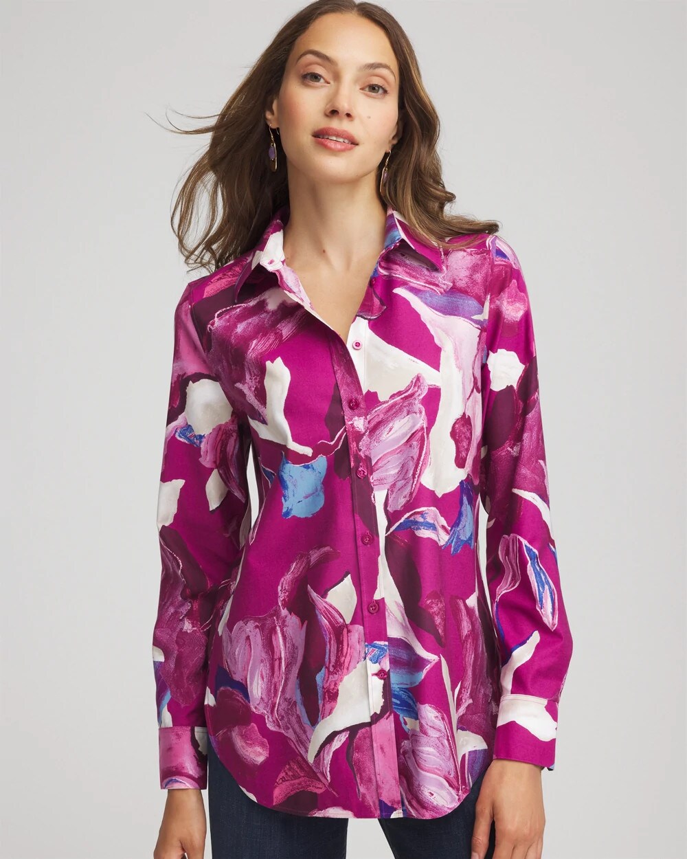 Chico's | No Iron™ Floral-Paint-Print Shirt/ Cobalt Stone