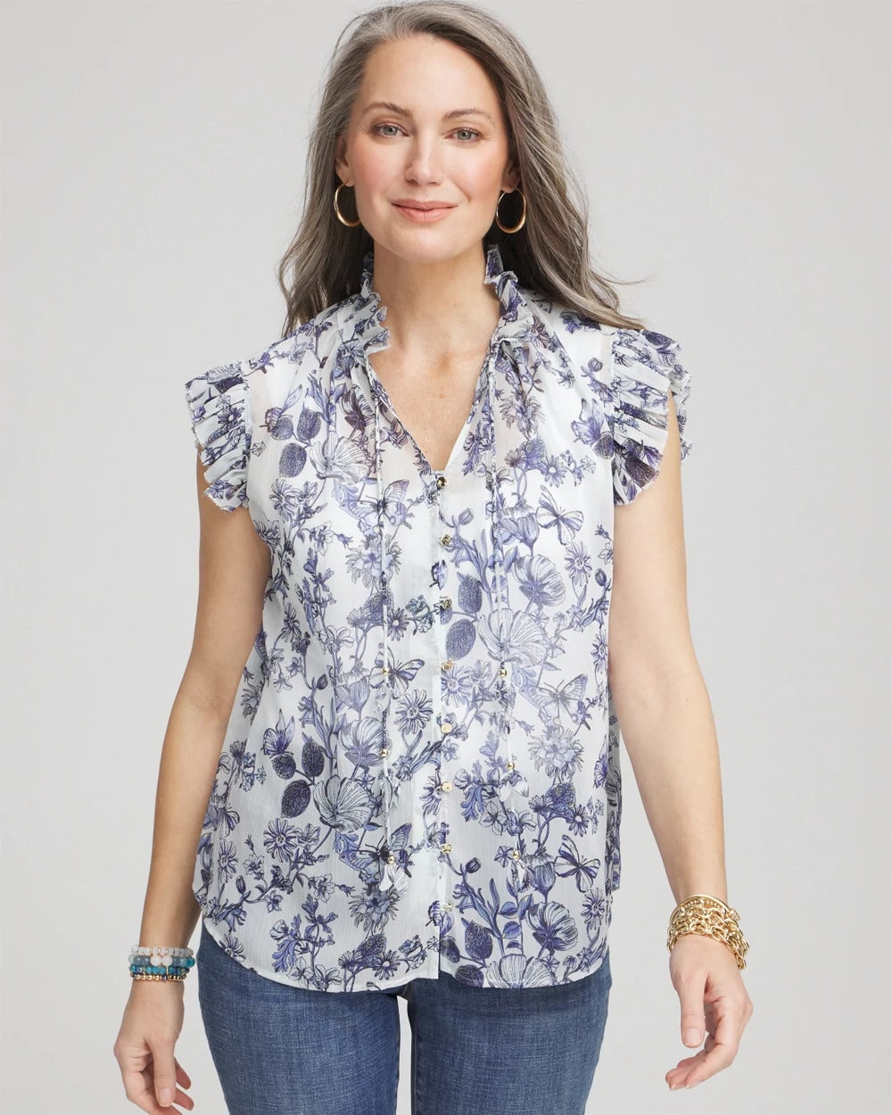 Chico's | Butterfly Ruffle Collar Blouse/ Pale Turq Blue