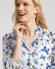 Chico's | Ruffle Collar Butterfly Burnout Blouse/ Blue Casa