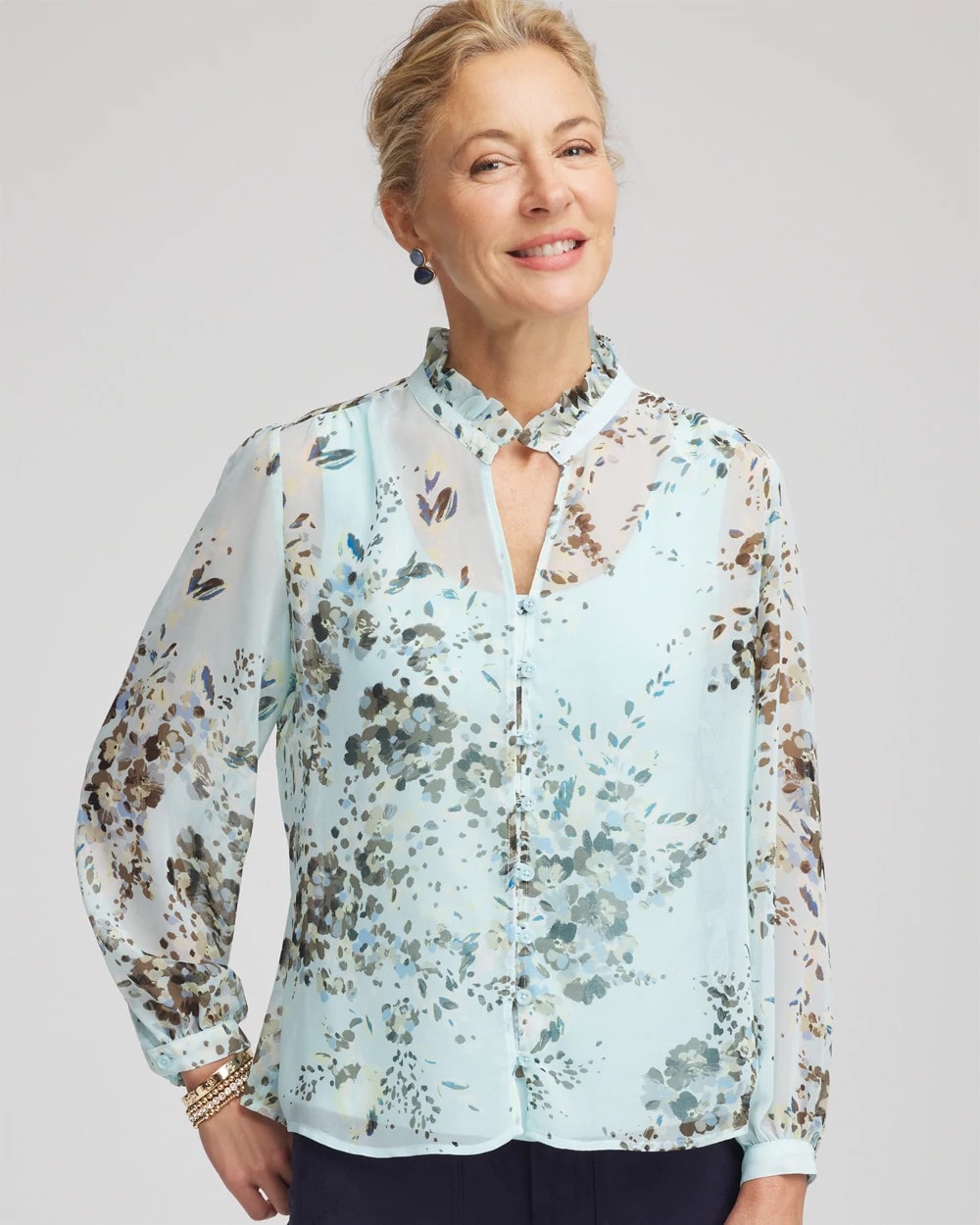 Chico's | Floral Georgette Peasant Blouse/ Blue Menthe