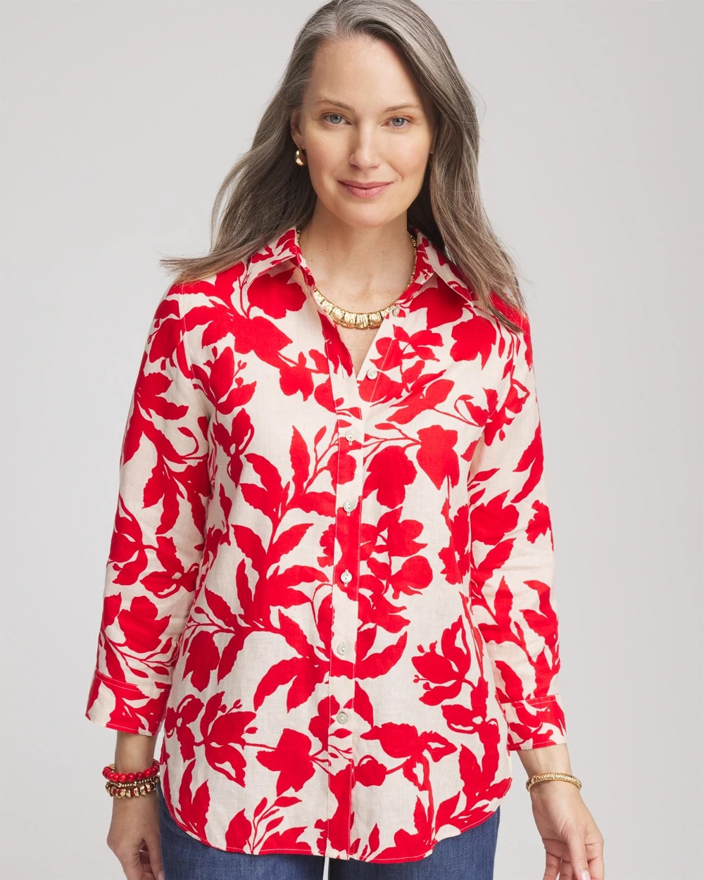 Chico's | No Iron™ Floral Linen Shirt/ Red Glow