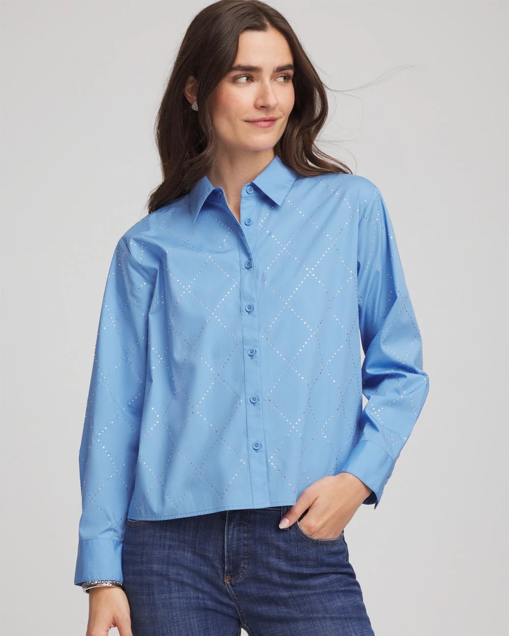 Chico's | Embellished Stretch Cotton Collared Shirt/ Tidal Blue