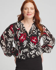 Chico's | Crinkle Chiffon Floral Blouse/ Black