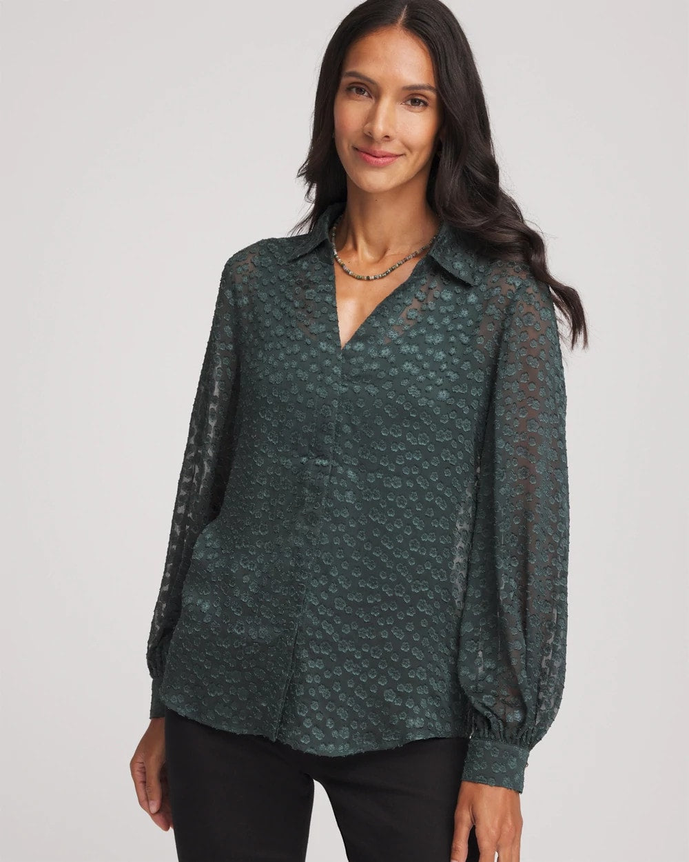 Chico's | Clip-Dot Billow-Sleeve Blouse/ Darkest Spruce