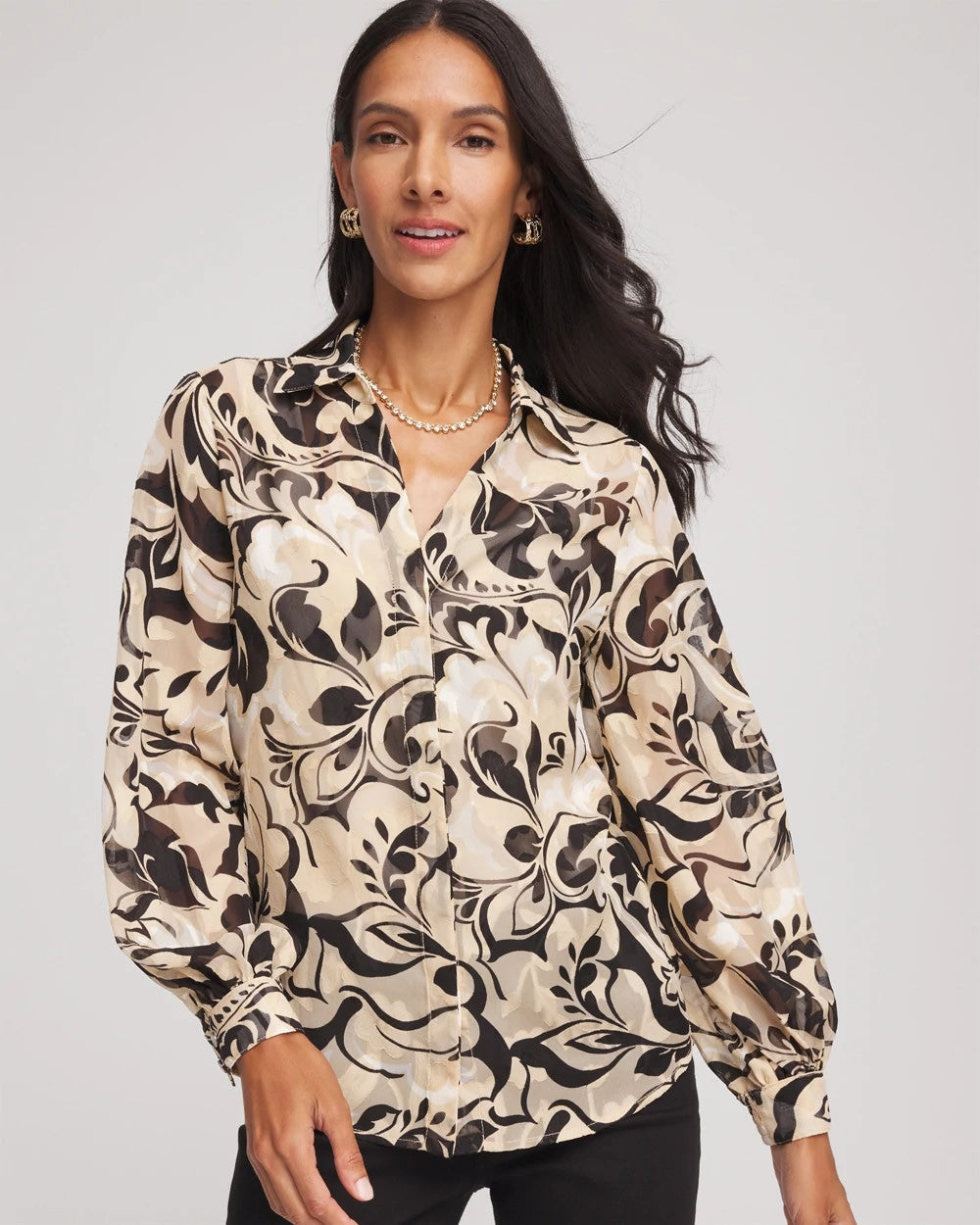 Chico's | Floral Burnout Blouson-Sleeve Blouse/ Black