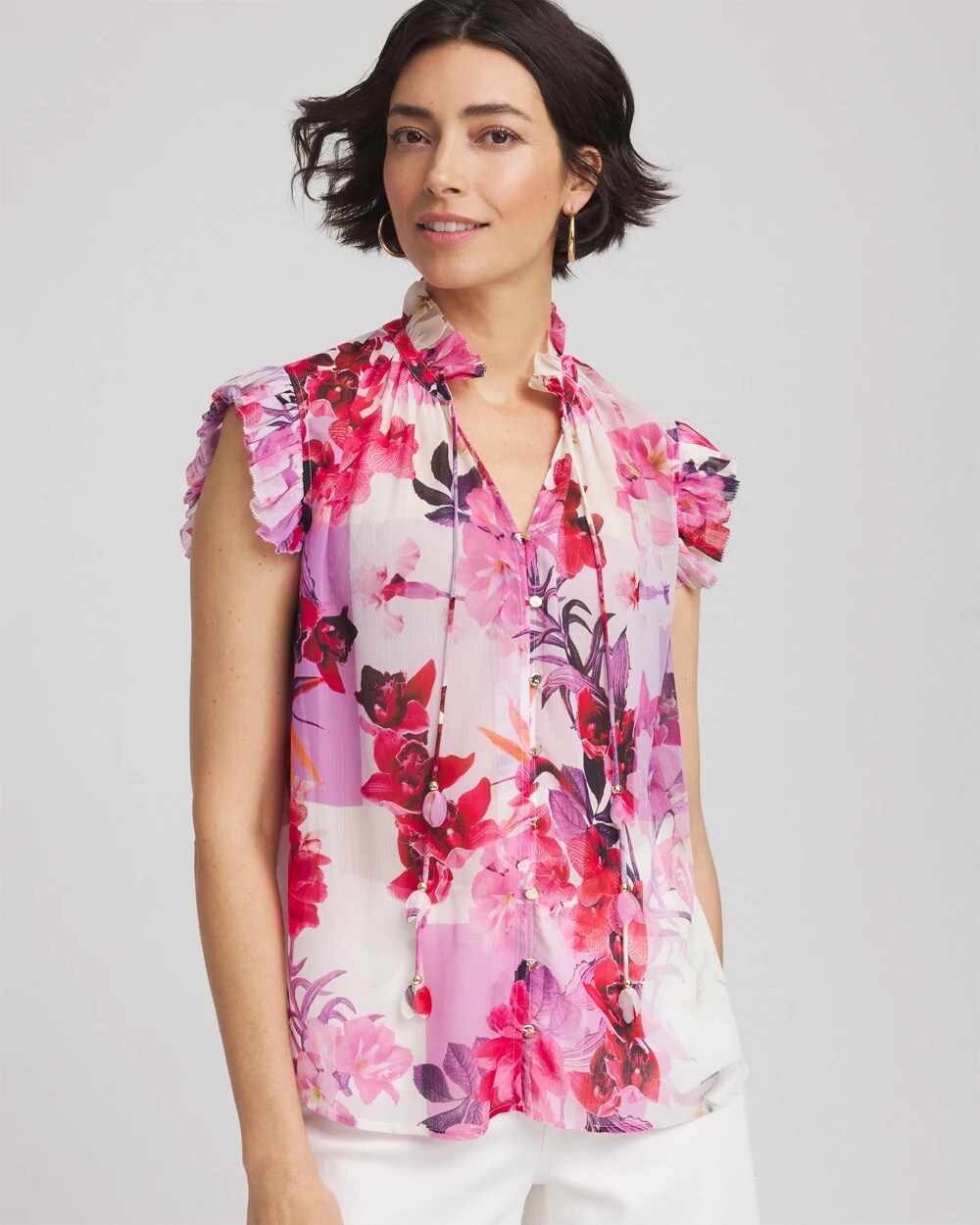Chico's | Floral Ruffle Collar Blouse/ Plum Shade