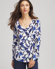 Chico's | Ella V-Neck Blue-Petals Pullover Sweater/ Ecru