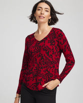 Chico's | Ella Printed V-Neck Sweater/ Carmine Red