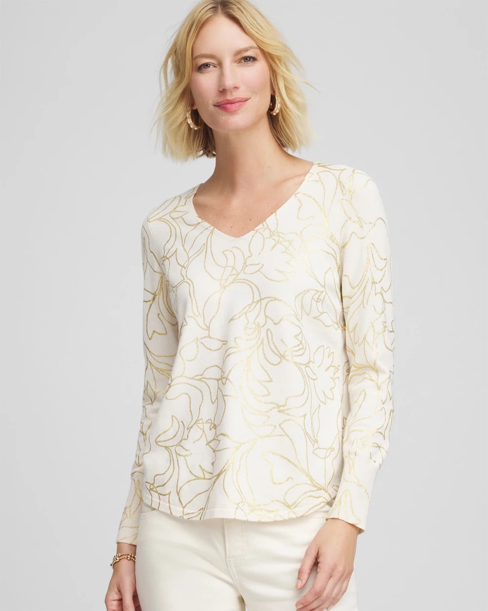 Chico's | Ella Foiled V-Neck Sweater/ English Cream