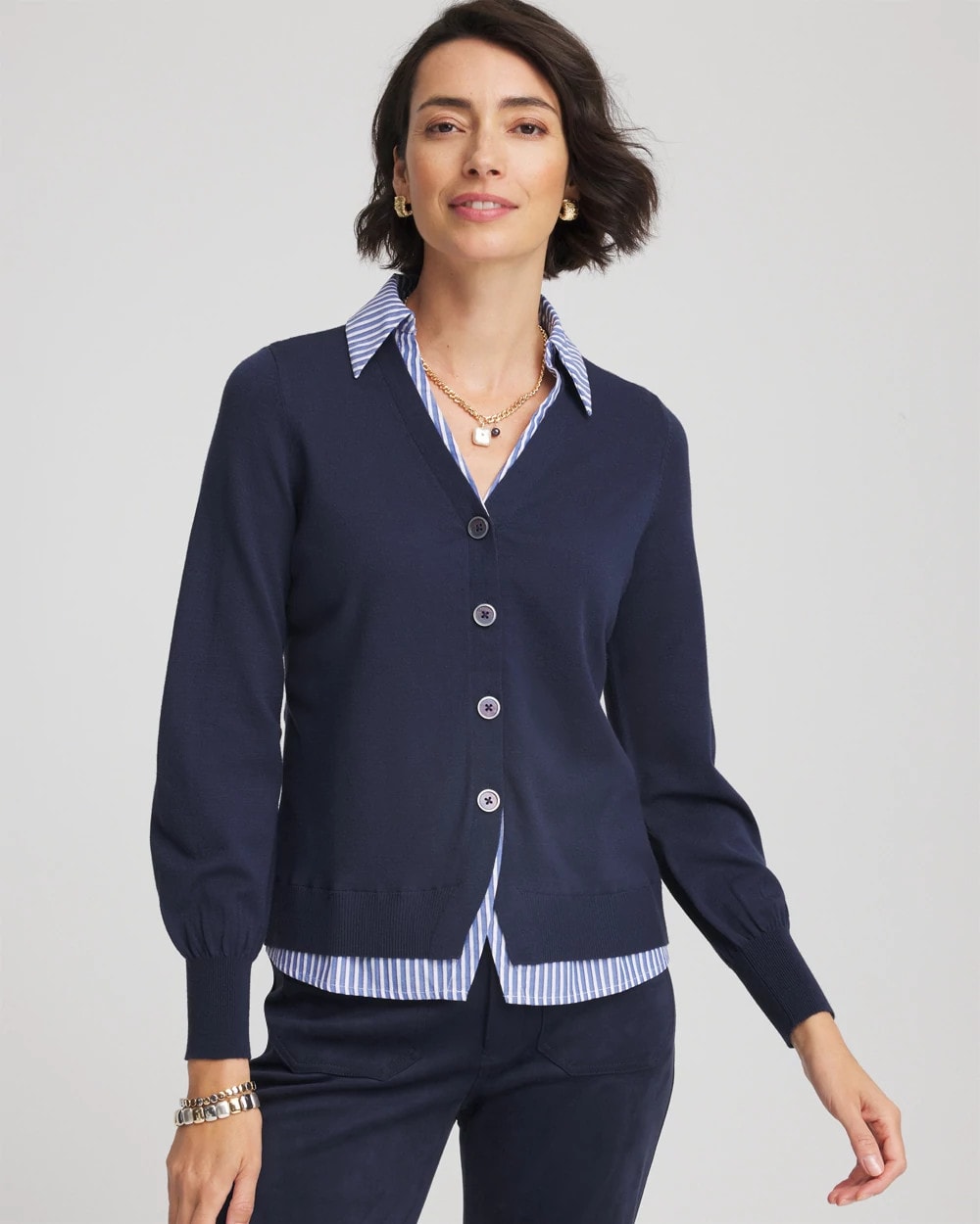 Chico's | Striped Collared Cardigan Sweater/ Passport Blue