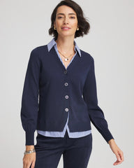Chico's | Striped Collared Cardigan Sweater/ Passport Blue