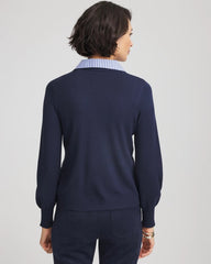 Chico's | Striped Collared Cardigan Sweater/ Passport Blue
