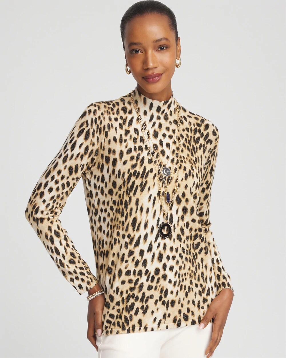 Chico's | Ella Mockneck Animal-Print Pullover Sweater/ English Cream